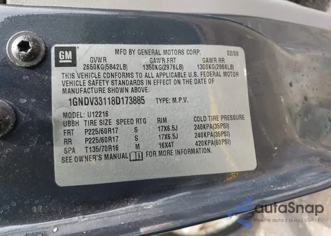 2008 Chevrolet Uplander Lt from USA, damaged, VIN 1GNDV33118D173885